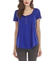 Royal blue women's short sleeve T-shirt with pleated front and wooden buttons detail - S / Royal Blue