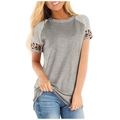 Detail of color-block raglan sleeves featuring stripes and leopard print on a grey t-shirt - S / Light Gray