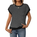 Short sleeve knit top with classic black and white stripes and ribbed crew neck design - S / Black