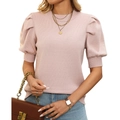 Women's casual puff sleeve knit sweater in light pink with crew neck and ribbed trim - Apricot