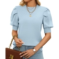 Light blue knit top with puff sleeves and ribbed round neck for a minimalist summer look - Light Blue