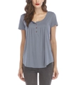 Detail of grey-blue short sleeve tee featuring pleated front and buttoned crew neck - S / Gray