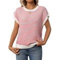 Women's casual short sleeve knit top featuring red and white horizontal stripes - S / Red