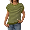 Olive green knit short sleeve top with white stripes and ribbed crew neck finish - S / Olive Green