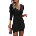 Abito da sera aderente nero con paillettes e scollo a V a maniche lunghe - Nero