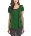 Detail of dark green women's henley t-shirt with three brown buttons and pleated neckline - S / Green