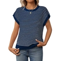 Short sleeve knit sweater featuring navy and white stripes with a classic crew neck - S / Navy Blue