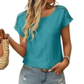Women's short sleeve crew neck eyelet t-shirt with button detail in teal blue color - Turquoise Blue