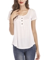 Detail of white short sleeve T-shirt with round neck, brown buttons and gathered pleats - S / White