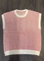 Women's casual sleeveless knit top with red stripes and ribbed crew neck finish - S / Round Neck Knitted Vest / White Background Red Stripes