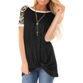 Women's leopard print sleeve T-shirt in black with stylish front knot detail - S / Black