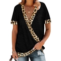 Damen T-Shirt in Schwarz mit V-Ausschnitt und modischem Leopardenmuster-Patchwork - S / Schwarz