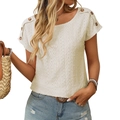 Bohemian off-white lace crochet short sleeve T-shirt with round neck and wooden buttons - S / Apricot