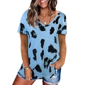 Damen Hellblaues V-Ausschnitt Kurzarm T-Shirt mit Leopardenmuster und lockerer Passform - Himmelblau / S