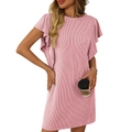 Pink striped midi dress with ruffled butterfly sleeves and casual round neck fit - Light Pink