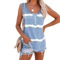 Women's summer tank top with blue and white tie-dye stripes and Henley button neck - S / Tops / Light Blue