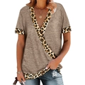 Damen Kurzarm T-Shirt mit V-Ausschnitt und Leoparden-Patchwork in Khaki-Grau Strick - S / Khaki