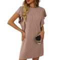 Women's knit midi dress in dusty rose featuring chic ruffle sleeves and textured ribbing - Dark Khaki