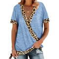 Women's light blue V-neck T-shirt featuring leopard print trim on sleeves and hemline - Blue