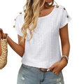 White eyelet embroidery short sleeve t-shirt with decorative shoulder buttons for women - S / White