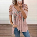 Women pink cold shoulder V-neck zipper T-shirt with colorful feather print pattern - S / Pink