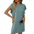 Summer teal knit dress with ruffle sleeves and vertical ribbed texture in casual fit - S / Lake Green