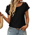 Women's black short sleeve tee with hollow texture and shoulder button details - S / Black