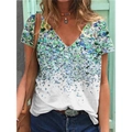 T-shirt d'été col V pour femmes avec imprimé floral bleu et empiècement blanc - 3XL / Blanc