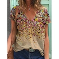 T-shirt femme à col en V avec imprimé floral dégradé coloré et manches courtes - 3XL / Kaki