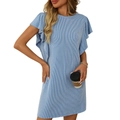 Light blue vertical striped mini dress with flutter sleeves and round neckline - S / Sky Blue
