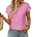 Pink crew neck short sleeve tee with shoulder button details and eyelet texture - S / Bright Pink
