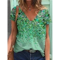 T-shirt femme col en V à manches courtes avec imprimé floral vert et dégradé - 3XL / Vert