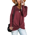 Damen Waffelstrick V-Ausschnitt Langarmshirt in Burgunderrot mit Knotendetail vorne - S / Burgunderrot