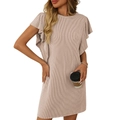 Women's light brown ribbed knit dress with ruffle cap sleeves and a round neckline - S / Apricot