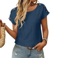 Women's dark blue crew neck T-shirt with hollow-out embroidery and shoulder buttons - Dark Blue