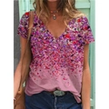 T-shirt femme à col en V avec imprimé floral dégradé dans les tons violet et rose - 3XL / Rose