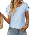 Light blue short sleeve top with lace hollow texture and shoulder button detail - Light Blue