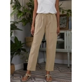 Women's loose khaki cotton linen trousers with elastic waist and large pockets - Khaki