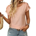 Women's apricot hollow lace T-shirt with crew neck and button shoulder detail - Orange