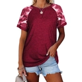 Women's casual burgundy T-shirt with camo print raglan short sleeves and round neckline - S / Burgundy