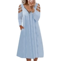 Abito midi a costine azzurro con scollo a V a zip e spalle scoperte con intagli - S / Azzurro