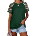 T-shirt femme vert foncé avec manches raglan camouflage et col rond style décontracté - Vert foncé