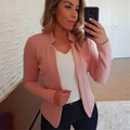 Business casual slim fit pink blazer for women paired with a white V-neck top - S / Pink
