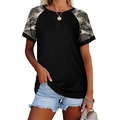 Women's casual black T-shirt with camo raglan short sleeves and round neckline - S / Black