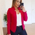 Women's casual solid rose red open front blazer with unique stand notch lapel - S / Red