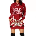 Detail van rode kerst hoodie jurk met rendier borduursel en 3D pluche neus decoratie - S / Rood