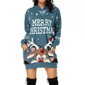 Women's lake blue Christmas hoodie dress with reindeer embroidery and white snowflake prints - S / Blue