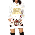 Women's white Christmas hoodie dress with reindeer print and Merry Christmas lettering - S / White
