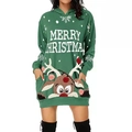 Women's forest green Christmas hoodie dress with reindeer print and Merry Christmas text - S / Green
