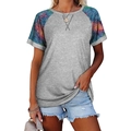 Women's short sleeve T-shirt with grey body and colorful tie-dye raglan sleeves - S / Gray